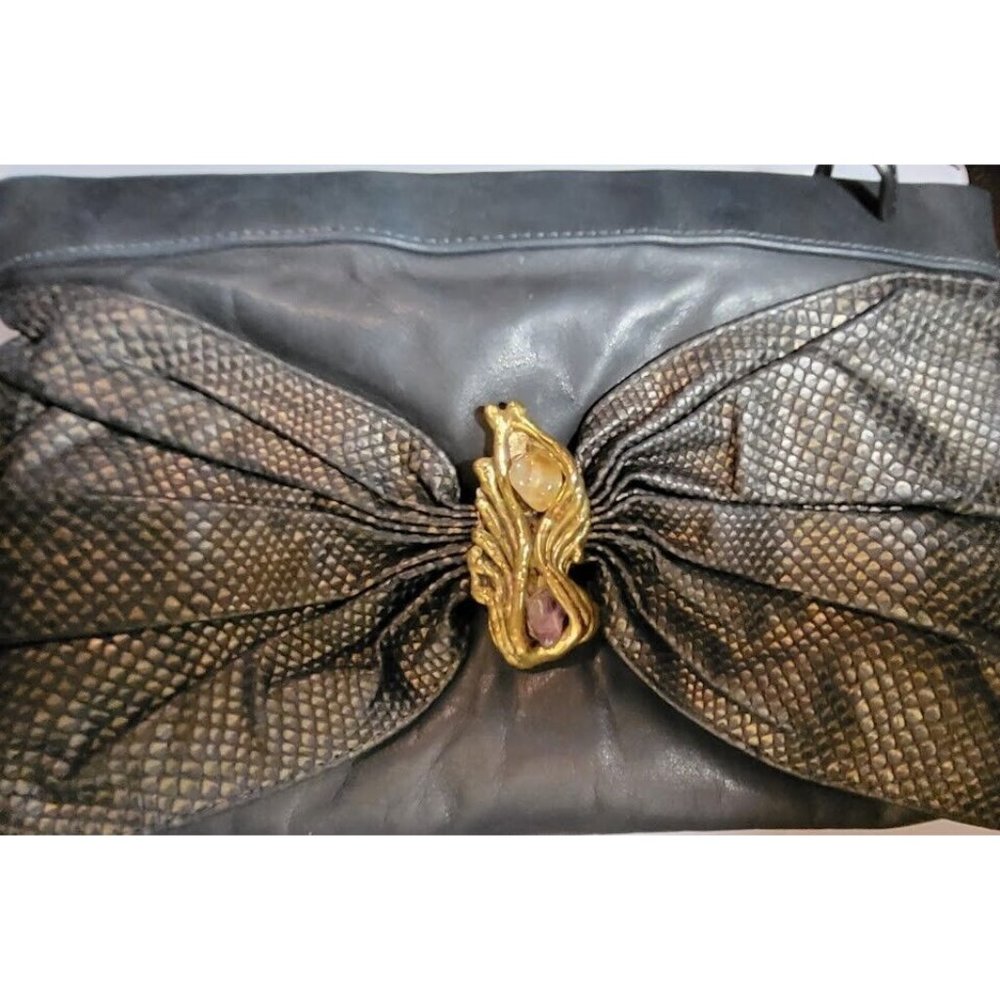 Vintage Black Leather Hinged Clutch Purse Gold Tone Amethyst Quartz Gemstone